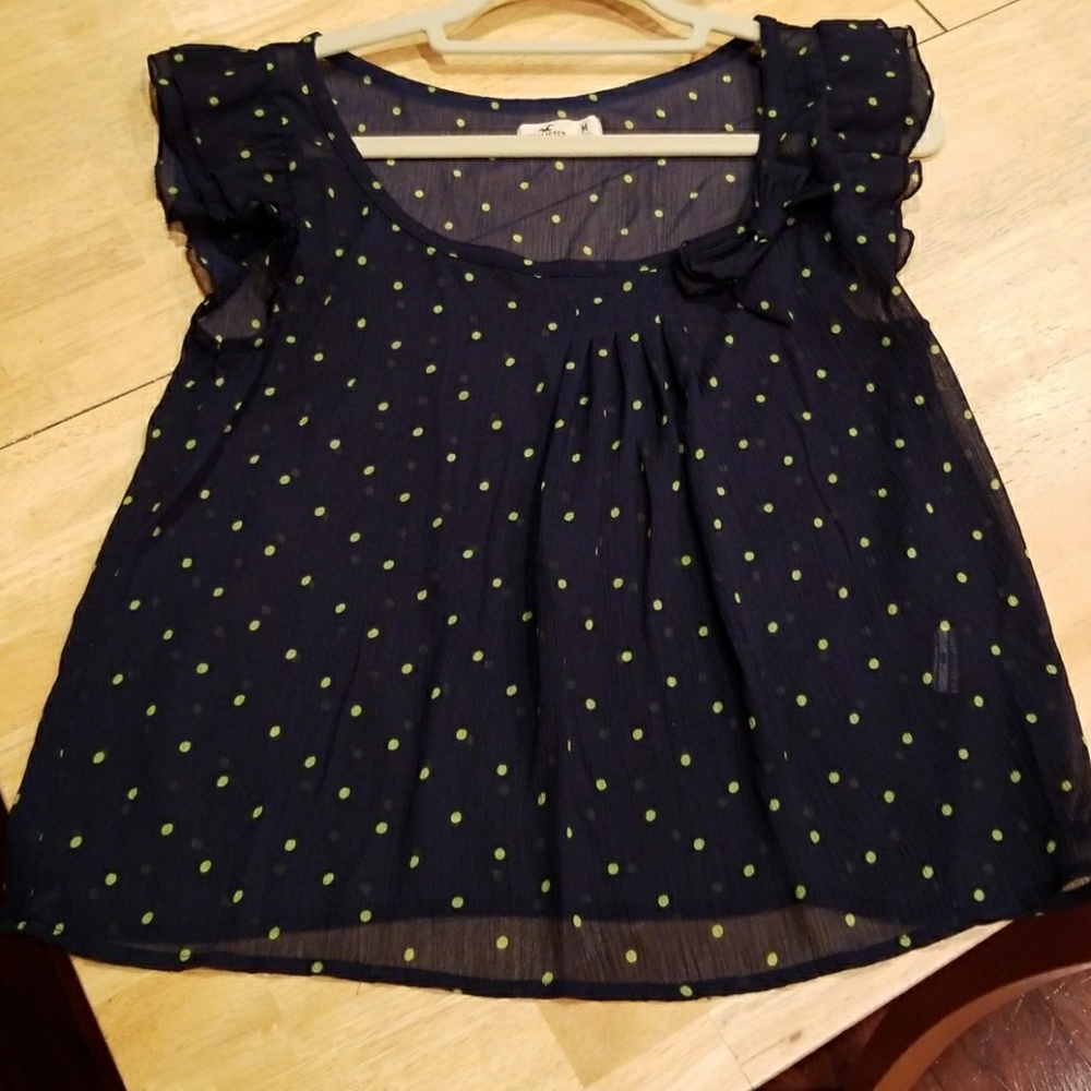 Hollister sheer navy top with lime polka dots!